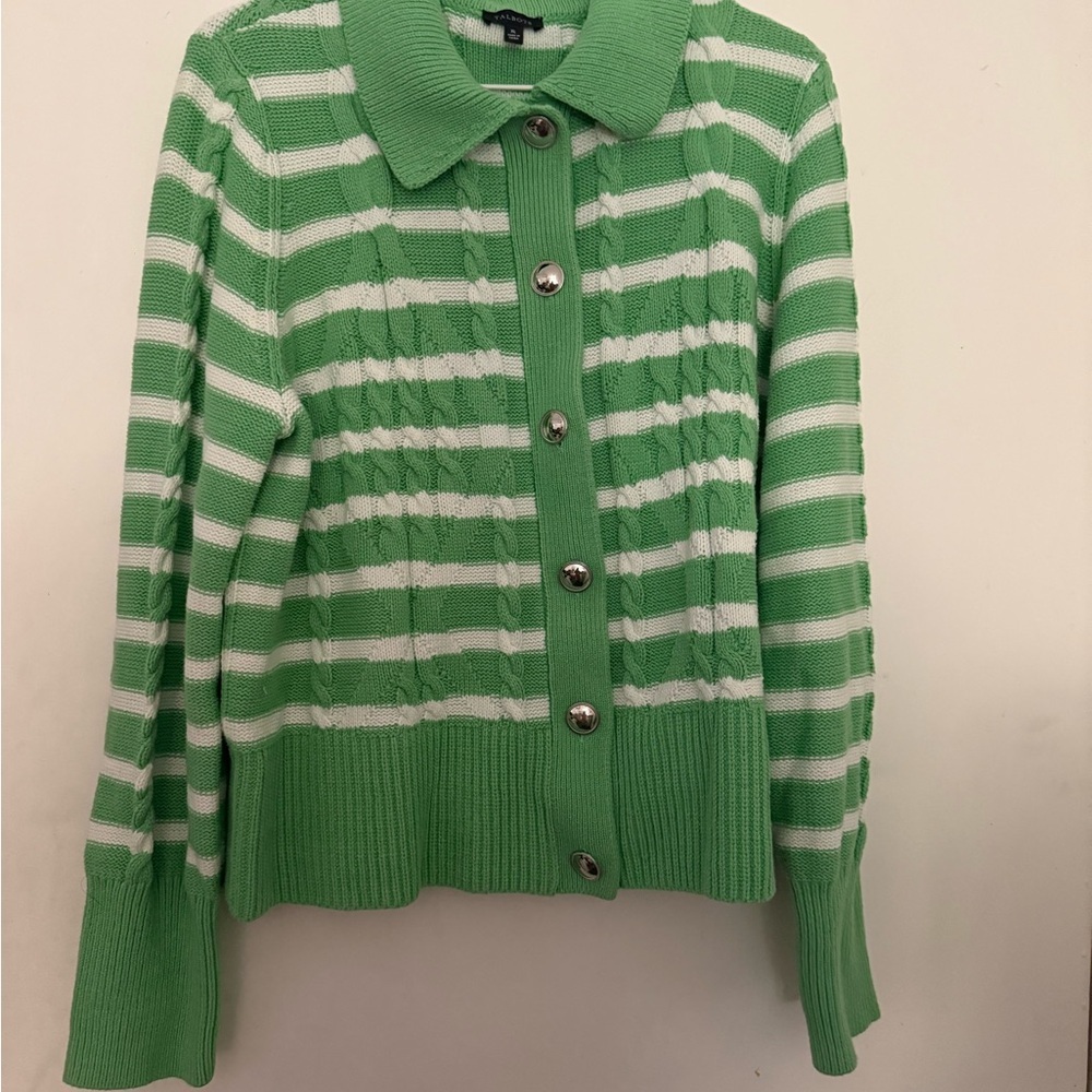 Talbots Green and White Striped Cardigan